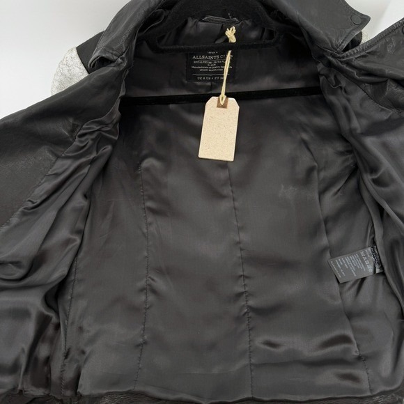 All Saints Albany Moto Jacket Black Leather Gray Sleeves Biker Grunge Size 4 NEW - Picture 12 of 14